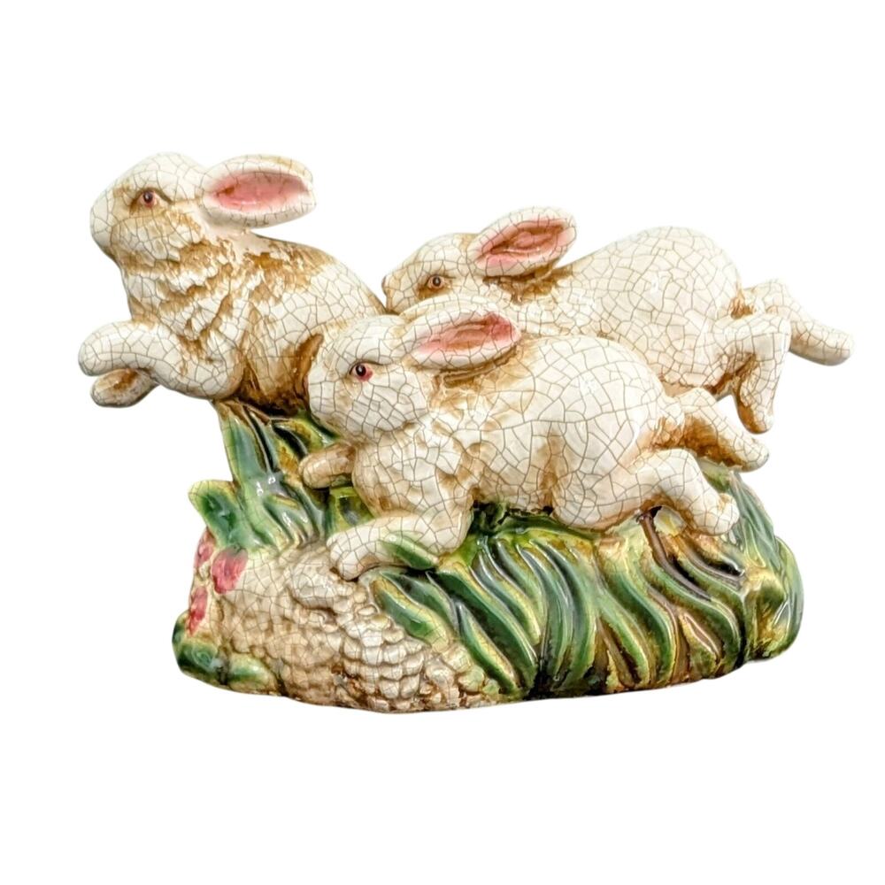 Vintage Bunny Rabbits Running In Grass Crackle Pottery Ceramic Statue Cottage